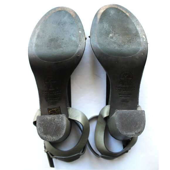 Brunello Cucinelli Monili T-Strap Leather Sandal Block Heel / Size 37 / Grey - Picture 10 of 11